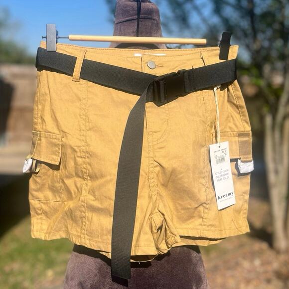 NWT Kreamy Cargo Shorts With Black Belt khaki Sz large - Picture 2 of 7